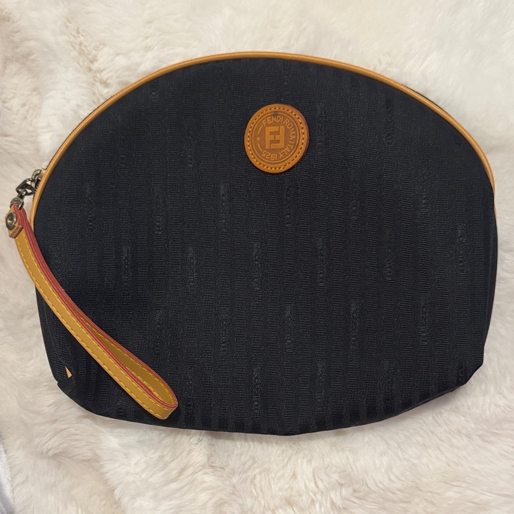Fendi Black Canvas Wristlet with Tan Trim and Logo Patch